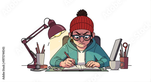 Person writing at desk with lamp and stationary illustration