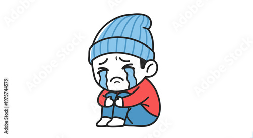 Sad cartoon figure crying and sitting alone illustration