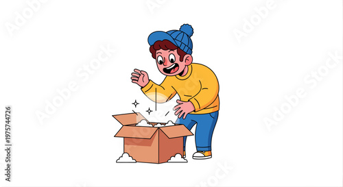 Young person discovering contents of a box illustration surprise concept
