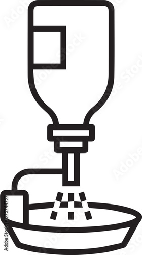 Premium Medical Vector Icon of a Black and White Liquid Medication Bottle Rinsing Unit with Spray Nozzle for Pharmaceutical Cleaning, Sterilization, and Hospital Hygiene Protocols – Perfect