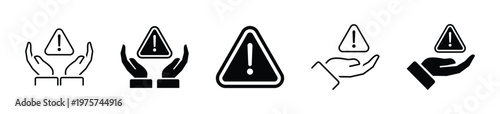 Risk warning icon set. Set of danger, hand holding caution symbol and warning icon - Stock Vector 