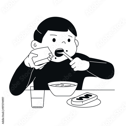 Boy Enjoying Meal - Black and White Flat Design Illustration