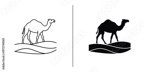 Camel standing on sand dunes, outline and silhouette set