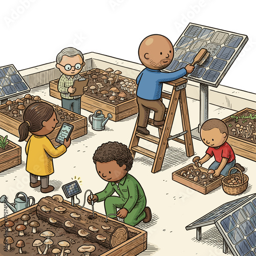 Children and adults engaging with eco-friendly technology in a greenhouse with mushrooms