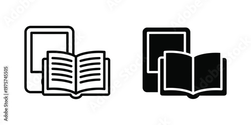 E-reader and open book outline and solid black set