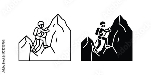 Mountaineer climbing a steep mountain peak, line and solid set
