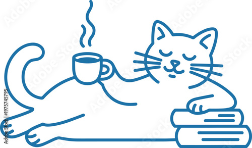 Minimal line art illustration of a relaxed cat holding coffee cup, lying on books, cozy reading vibe, calm lifestyle concept