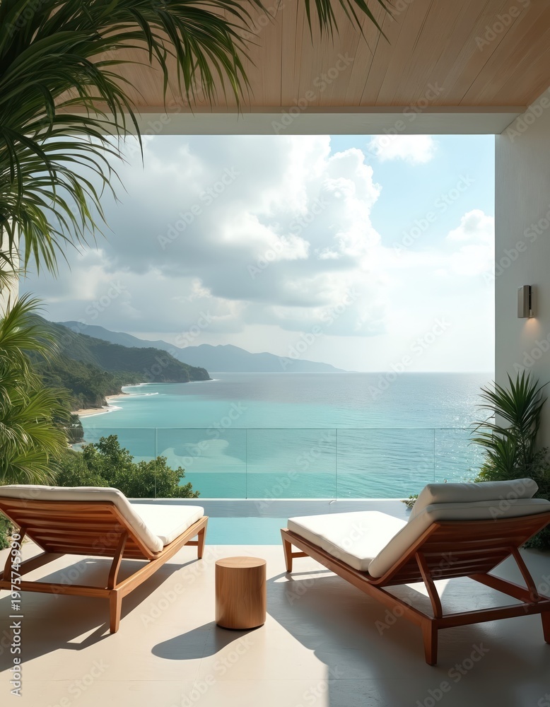 Fototapeta premium Two empty lounge chairs sit on balcony overlooking tranquil turquoise ocean and green hills. Palm leaves frame peaceful seaside view with clear blue sky above. Relaxing resort atmosphere invites calm.