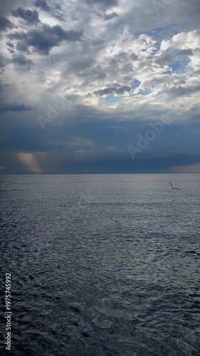 Rain in sea. Rain falling in sea. Cloudy, rainy, stormy weather at sea. Dark rainy clouds over water. Sea, sky, clouds and horizon line. Seascape. Scenery landscape. Nature natural background Vertical