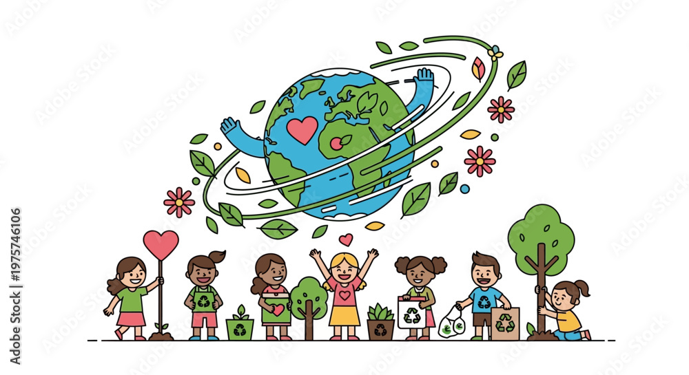 Naklejka premium Diverse children holding earth with leaves.