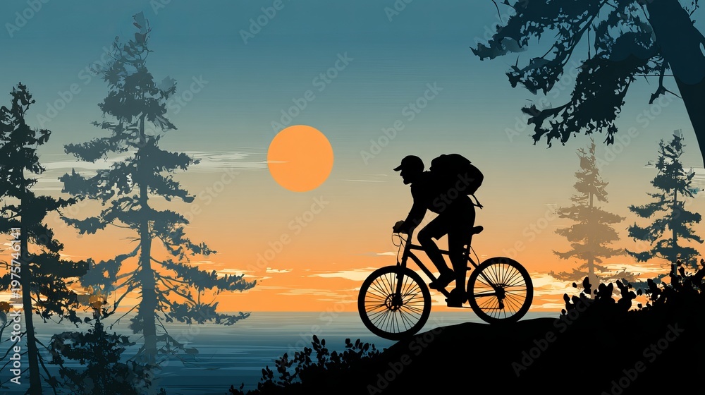 Obraz premium Cyclist rides a bike high up, near the sky, as the sun goes down during a camping trip.