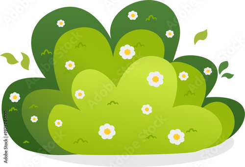 Vibrant green bush with white daisy-like flowers and floating leaves. Cartoon nature shrub vector illustration.
