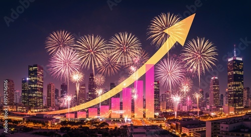 Festive City Illumination Celebration with Success Chart Arrows Over Beautiful Architecture at Dusk