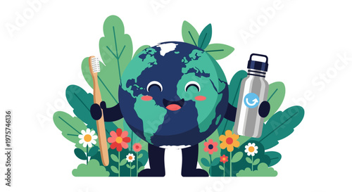 Earth mascot with green leaves.