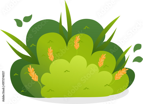 Cartoon Green Bush with Wheat Stalks and Grass Blades Illustration