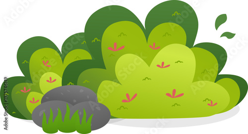 Vibrant Cartoon Green Bushes and Rocks with Grass - Flat Design Nature Illustration
