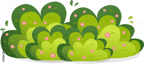 Lush Green Bushes with Pink Flowers and Flying Leaves. Flat Design Vector Illustration.