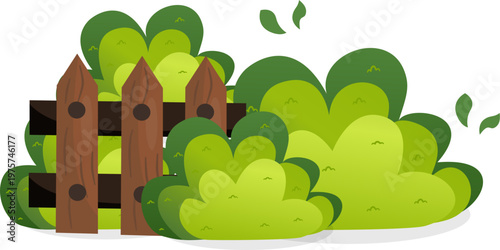 Vibrant green bushes and a rustic wooden fence on white, garden nature illustration
