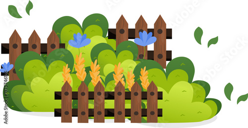 Stylized Garden Scene with Wooden Fence, Green Bushes, Blue Flowers, and Wheat Stalks. Nature and Agriculture Illustration.