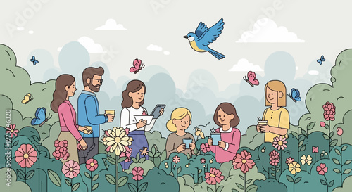 People in a field with flowers.