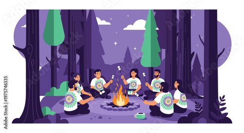 People sitting around campfire in forest.