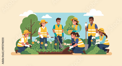 People wearing yellow vests planting flowers.