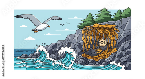 Seagull flying over ocean waves.