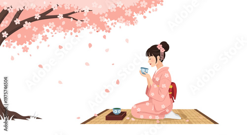 Woman in pink kimono sitting cross-legged.