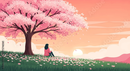 Woman sitting under pink cherry tree.