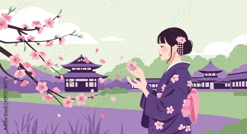 Woman wearing traditional Japanese kimono dress.