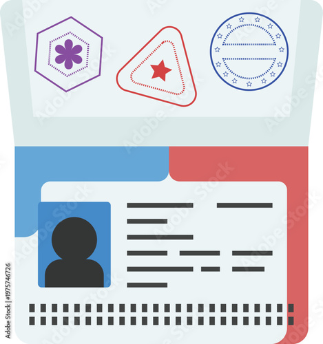 Open Passport Vector Illustration with Travel Stamps and Biometric Data Page. Ideal for themes related to global travel, tourism, immigration, citizenship, and identity verification.