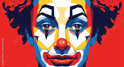 Abstract illustration of a clown face with geometric shapes and vivid colors against a red backdrop