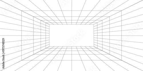 Perspective grid background 3d Vector illustration. Interior design Model projection background template. Line one point perspective