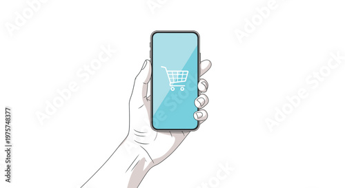 Mobile Shopping Concept: Hand Holding Smartphone with Cart Icon