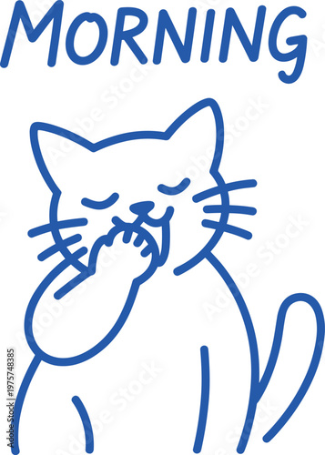 Minimal line art illustration of sleepy cat yawning with morning text, cute pet waking up concept, simple modern design, cozy daily routine
