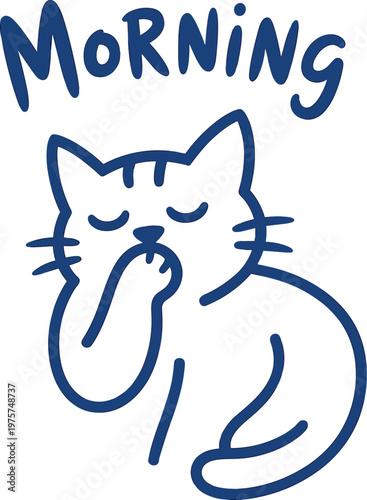 Minimal line art illustration of yawning cat with morning text, sleepy pet waking up, cozy daily routine, simple modern design concept
