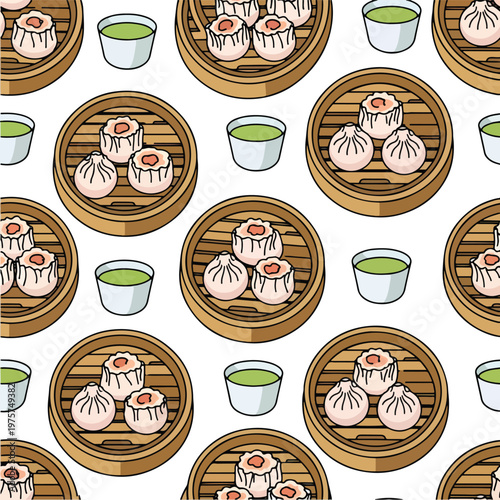 Pattern of dim sum bamboo steamers and green dipping sauces. Great for asian cuisine blogs, restaurant menus, food and travel websites.