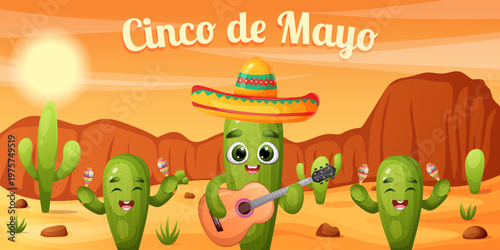 Festive cinco de mayo web banner with cute cartoon cactus playing guitar and maracas in a sunny desert landscape with mountains