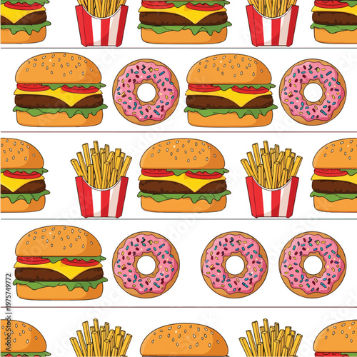 Repeating pattern of hamburgers, fries, and pink frosted donuts. Suitable for foodthemed designs, packaging, social media graphics, and restaurant decorations.