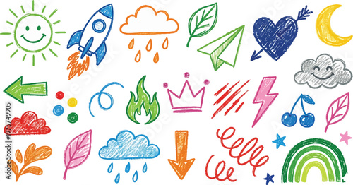 Crayon pencil vector, Summer vacation doodles with fruits drinks and beach accessories