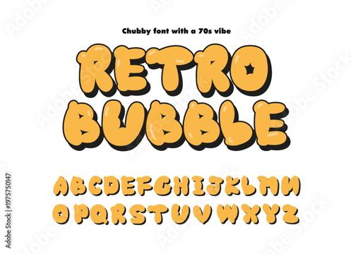 Cute and chubby yellow retro bubble font alphabet vector illustration