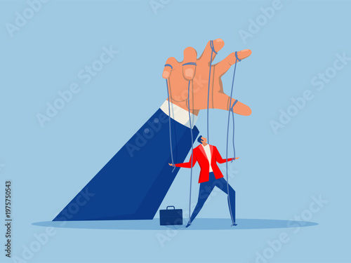 businessman being controlled like a puppet on strings by a large hand, Manipulation concept. Worker on ropes.  vector