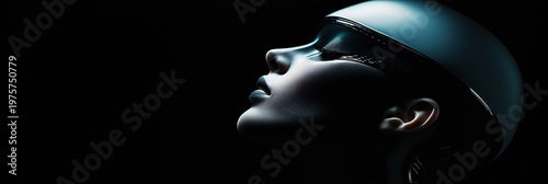 Silhouette of futuristic robotic profile with dark background, showing high-tech design and sleek features