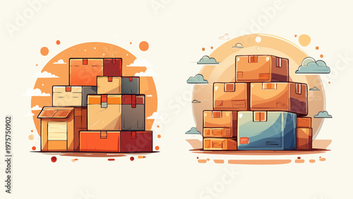 Illustrations of stacked boxes, representing logistics, shipping, and storage with a warm, inviting aesthetic