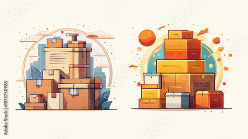 Illustration of stacks of cardboard boxes, representing logistics, delivery, and moving services, with abstract colorful elements