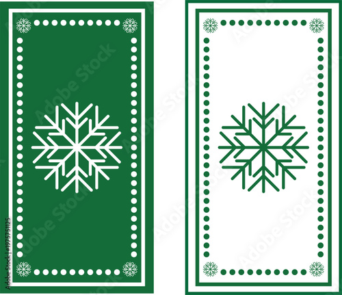 Vibrant red and green holiday greeting cards with elegant snowflake designs, perfect for winter season celebrations and festive decorations. Winter holiday decorative border featuring stylized black l