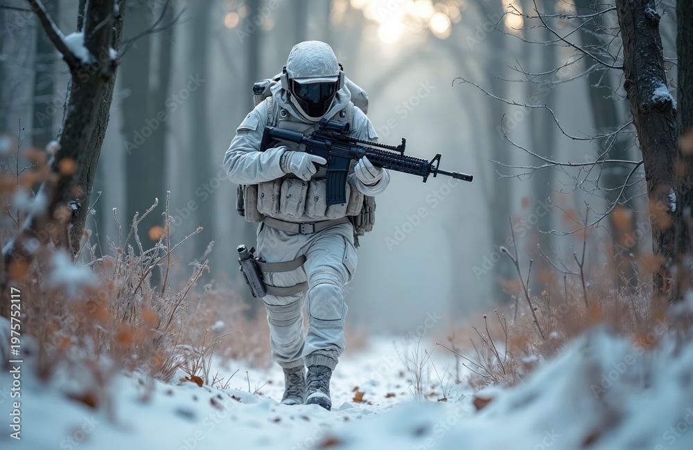Obraz premium Soldier in white camo uniform walks in winter forest with rifle. Man wears tactical gear, helmet, mask. He holds gun ready for action in snowy woods.