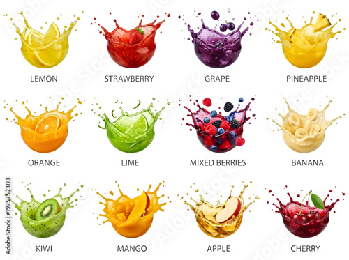 Fruit juice splash variety including lemon strawberry grape pineapple orange lime and banana.