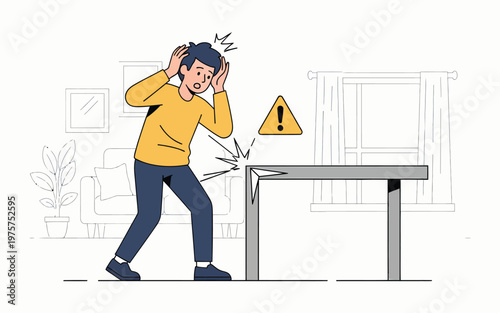 Shocked man near sharp table corner hazard.