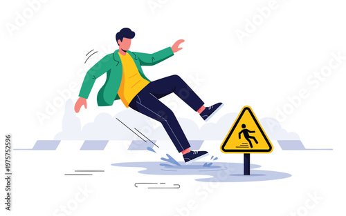Man slipping on wet floor near caution sign.